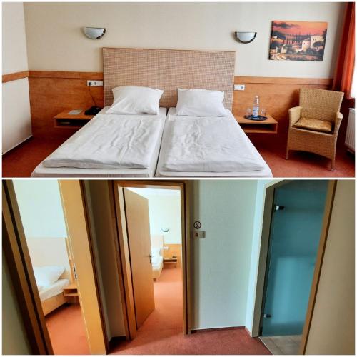 a hotel room with a bed and a room with a mirror at Parkhotel Kevelaer in Kevelaer