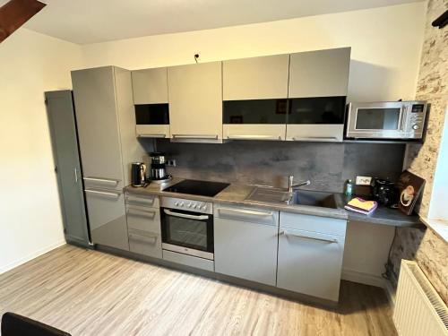 una cocina con electrodomésticos de acero inoxidable y armarios blancos en Ferienwohnung Parkentin, en Bartenshagen-Parkentin