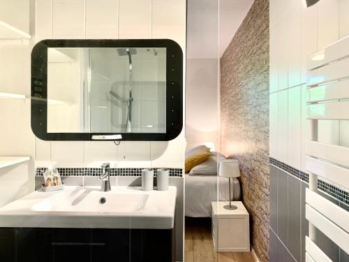 une salle de bain avec un lavabo et un miroir dans l'établissement Blagnac : appartement T2 avec jardin, parking et climatisation, à Blagnac