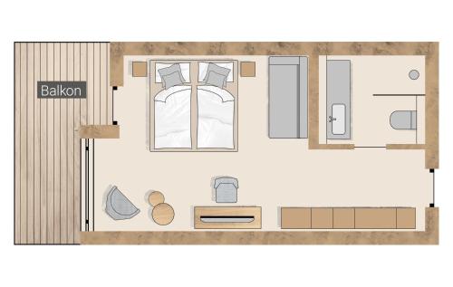 a plan of a small room with a bed at Wirthshof Hotel & Chalets in Markdorf