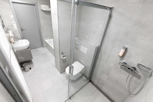 a bathroom with a shower with a toilet and a sink at Ala hotel in Bystřice nad Pernštejnem