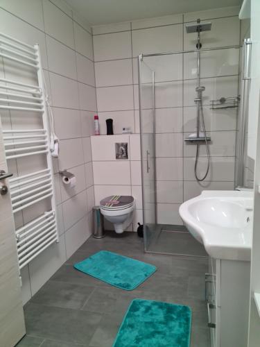 a bathroom with a shower and a toilet and a sink at Beutlich's Wörtherseeappartements in Velden am Wörthersee