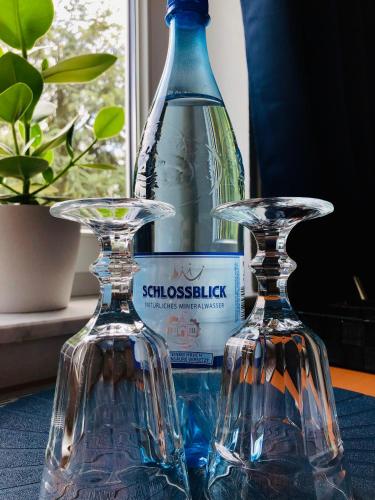 dos botellas de vidrio sentadas en una mesa junto a una ventana en Am Landhaus - Gästezimmer & Frühstück, en Walsheim