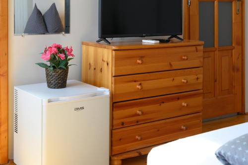 a bedroom with a television and a dresser with a refrigerator at Nádasdi Ház in Szekszárd
