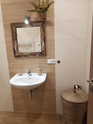 a bathroom with a sink and a mirror at Apartmán Sýkorka in Hartmanice