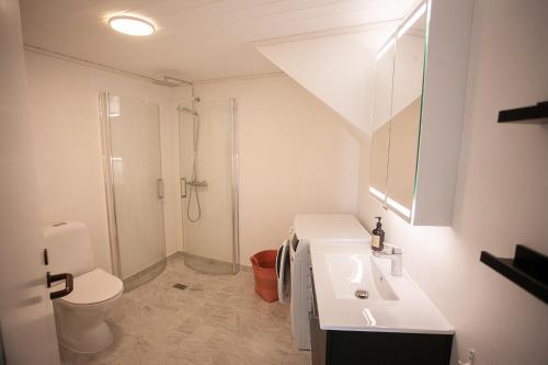 La salle de bains blanche est pourvue d'un lavabo et de toilettes. dans l'établissement Cozy / Nordic House / Baker / Svartifossur, à Tórshavn