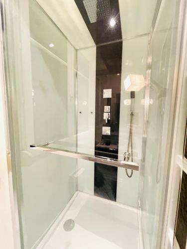 La salle de bains est pourvue d'une douche en verre avec une étagère en verre. dans l'établissement La Suite Beauvaisienne, T2 hyper centre, à Beauvais