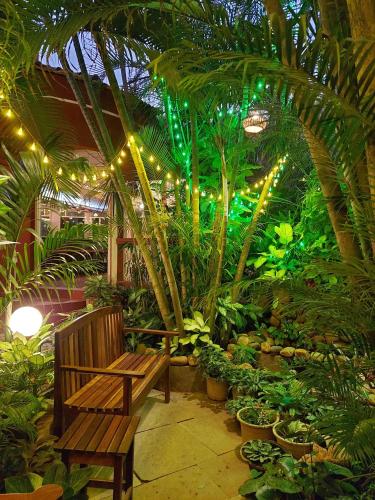 a bench in a garden with plants and lights at Palm Grove Cottages - Leisure Resort in Benaulim