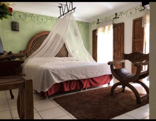 a bedroom with a bed with a mosquito net at Hotel Posada de la Conspiración in Dolores Hidalgo