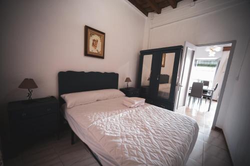 a bedroom with a bed and a mirror in it at Alojamiento rural antigua fragua in El Real de la Jara