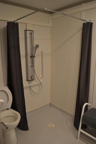 a bathroom with a shower and a toilet in a room at Chalets au bord de l'eau in Caudebronde