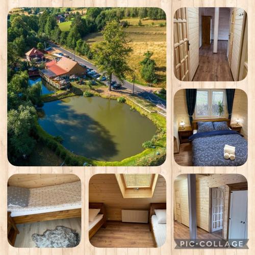 a collage of pictures of a house with a pond at Restauracja i Noclegi Izba Rybacka w Krainie Wygasłych Wulkanów in Podgórki
