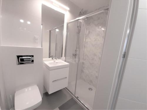 a bathroom with a shower and a toilet and a sink at Apartament Pianista in Warsaw