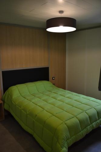 a bedroom with a large green bed in a room at Chalets au bord de l'eau in Caudebronde