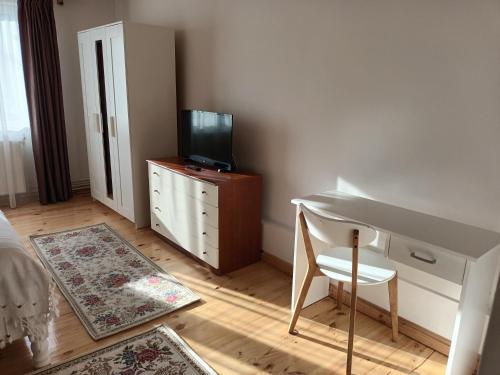 een slaapkamer met een bureau en een televisie op een dressoir bij La Remus in Moieciu de Jos