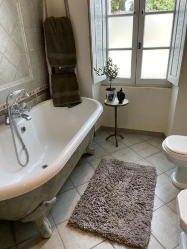 a bathroom with a tub and a toilet and a sink at La Maison de Platane B&B in Fayence