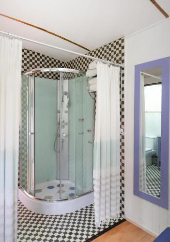 a shower in a bathroom with a mirror at Hotel La Calma De Rita - Pirque in Pirque