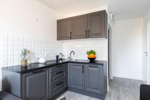 a kitchen with gray cabinets and a sink at SuperApart Obywatelska 42 in Warsaw