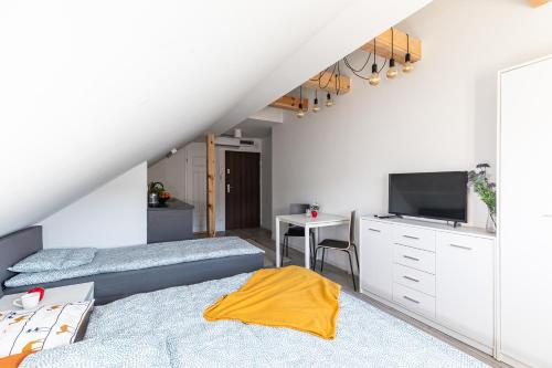 a bedroom with a bed and a tv and a desk at SuperApart Obywatelska 42 in Warsaw
