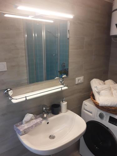ein Badezimmer mit einem Waschbecken, einem Spiegel und einer Waschmaschine in der Unterkunft Casa Tulina Appartamenti in Arma di Taggia
