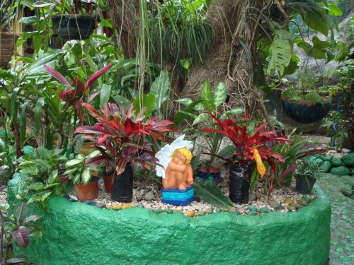 a statue of a man with an umbrella in a garden at Casa Lima B&B in San José