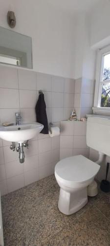 a bathroom with a white toilet and a sink at Puken Apartment in Grömitz