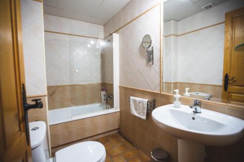 y baño con lavabo, aseo y espejo. en Apartamento Plaza De La Corredera, en Córdoba