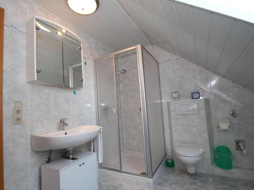 La salle de bains est pourvue d'une douche, d'un lavabo et de toilettes. dans l'établissement Apartment, Essen, à Esens