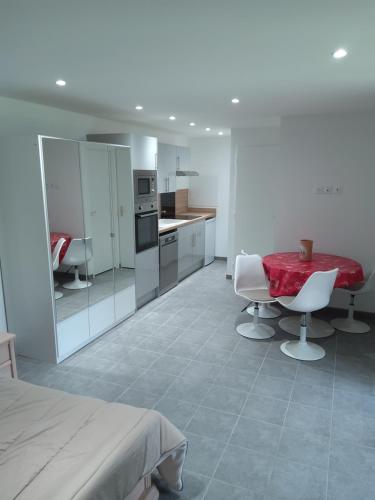 une cuisine avec une table et des chaises dans une pièce dans l'établissement Meublé avec cour, à Sotteville-lès-Rouen