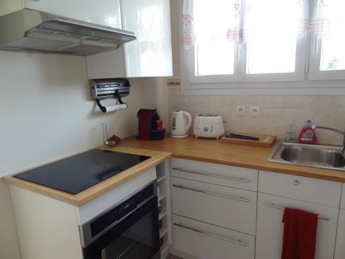 une cuisine avec un évier et un plan de travail dans l'établissement CANNES Vue mer Parking Climatisation Chambre séparée, à Cannes