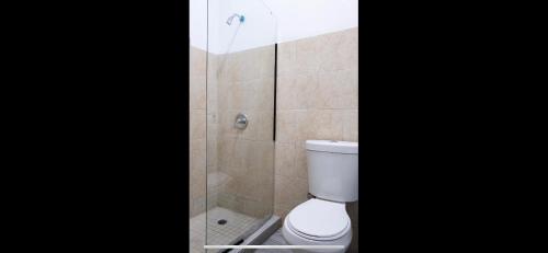 a bathroom with a toilet and a shower at 7 bedrooms in Santurce San Juan beach in San Juan