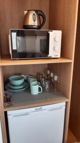 a microwave oven sitting on top of a shelf at Cantinho de Milfontes Quarto Twin in Vila Nova de Milfontes