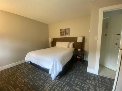 a bedroom with a bed with a white bedspread at High Point Resort in Quathiaski Cove