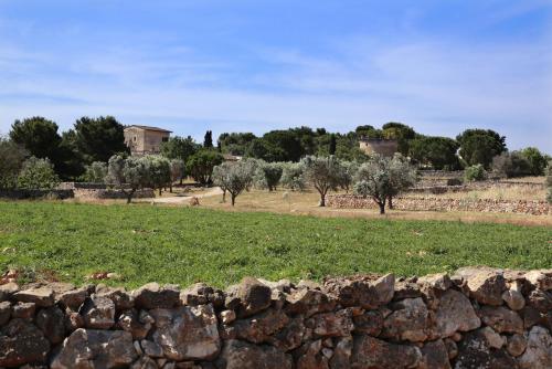 a field with a stone wall and trees in the background at Masseria Nucci - Autentica Dimora Storica in Nardò