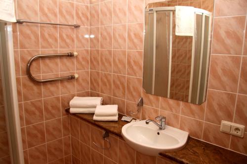 uma casa de banho com lavatório, espelho e toalhas em Hotel Dobele em Dobele