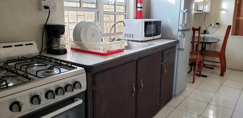 a kitchen with a stove and a sink and a microwave at Roseau Hostel & Beach Front Property in Roseau