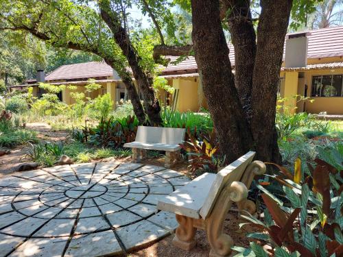 a bench sitting next to a tree in a garden at Aan De Vliet Holiday Resort in Hazyview