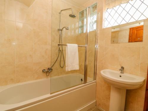 a bathroom with a shower and a sink and a toilet at East Cottage in Malton
