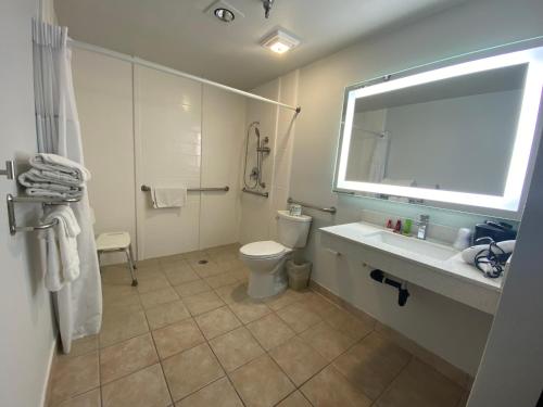 a bathroom with a sink and a toilet and a mirror at SureStay Plus Hotel by Best Western Mammoth Lakes in Mammoth Lakes