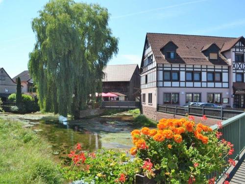 einen Fluss in einer Stadt mit Häusern und Blumen in der Unterkunft Landgasthof Zum Jossatal in Bad Soden-Salmünster