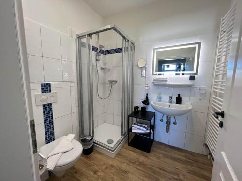 Kapitaenshaus-Lassen-Zimmer-Odysseus في فيسترلاند: حمام مع دش ومرحاض ومغسلة