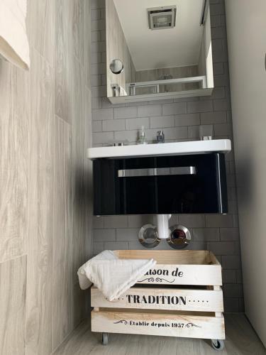 a bathroom with a sink and a vanity with a mirror at B&B Kelly Plus in Lausanne