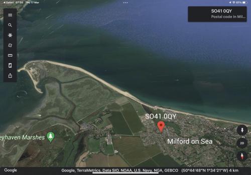 a map with a red marker in the water at THE HIDEAWAY - LUXURY SELF CATERING COASTAL APARTMENT with PRIVATE ENTRANCE & KEY BOX ENTRY JUST A FEW MINUTES WALK TO THE BEACH, SOLENT WAY WALK, SHOPS and many EATERIES & BARS - FREE OFF ROAD PARKING,FULL KITCHEN, LOUNGE,BEDROOM , BATHROOM & WI-FI in Lymington