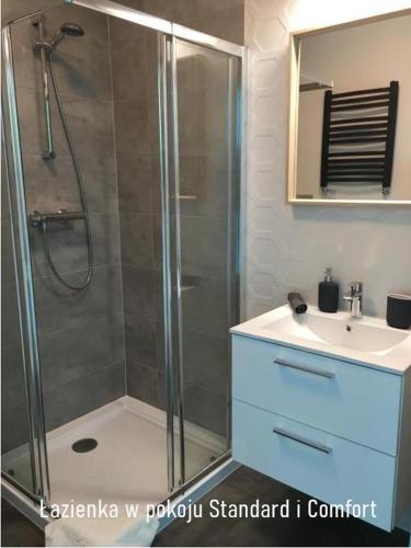 a bathroom with a shower and a sink at Villa Nautica in Łeba