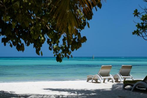two lounge chairs on a beach with the ocean at Melia Zanzibar in Kiwengwa