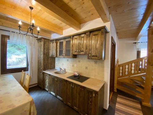 a kitchen with wooden cabinets and a sink at Szálka Kulcsosház in Lunca de Sus