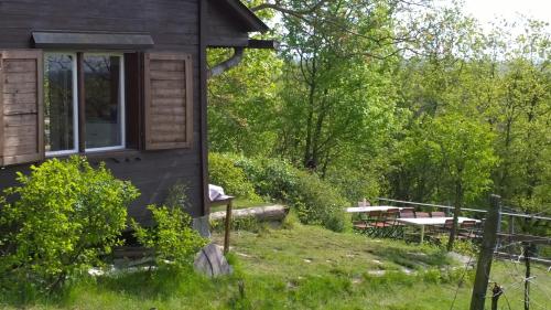 a cabin in the woods with a picnic table at Traubengarten Winkler in Niederhollabrunn