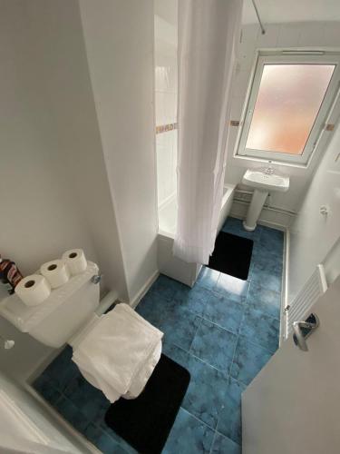 Lovely 3 Bedroom Apartment in the Heart of Hackney في لندن: حمام ابيض مع مرحاض ومغسلة