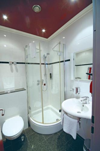 a bathroom with a shower and a toilet and a sink at AVALON Hotelpark Königshof in Königslutter am Elm