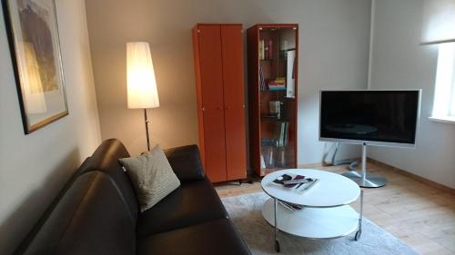 a living room with a couch and a table and a tv at Haardblick in Flaesheim